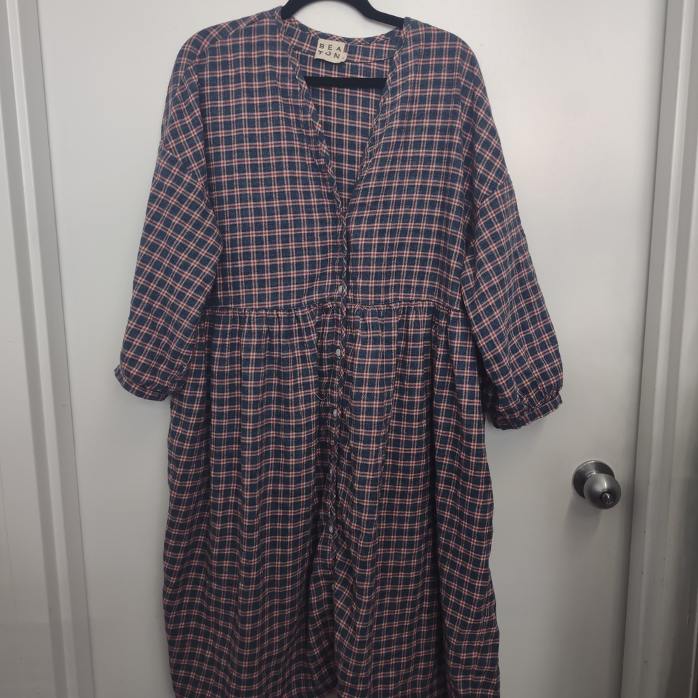 Beaton Linen Plaid Long-Sleeve Dress